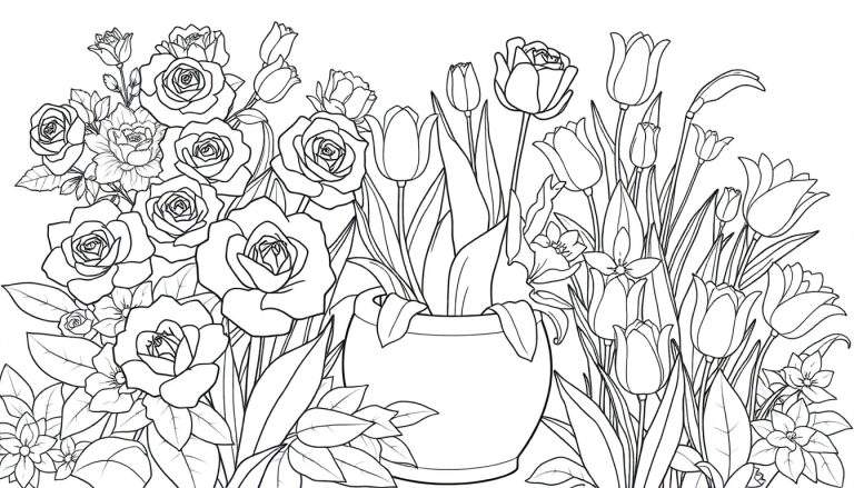 Desenho de contorno em preto e branco de um arranjo floral com rosas e tulipas num color panel.