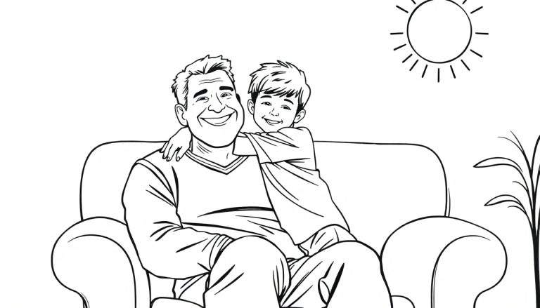 Um desenho em preto e branco de um homem sorrindo sentado numa poltrona, com um menino a abraçá-lo. Ambos sorriem. Há um sol e uma planta ao fundo. Este color panel captura um momento terno.