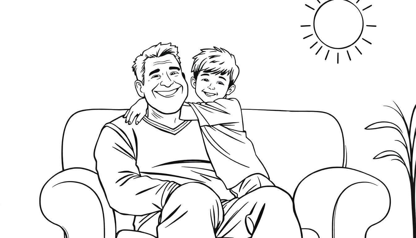 Um desenho em preto e branco de um homem sorrindo sentado numa poltrona, com um menino a abraçá-lo. Ambos sorriem. Há um sol e uma planta ao fundo. Este color panel captura um momento terno.