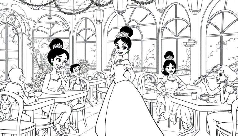 Um desenho a preto e branco de um café luxuoso com pessoas sentadas a mesas, incluindo uma mulher num vestido de baile no primeiro plano. color panel