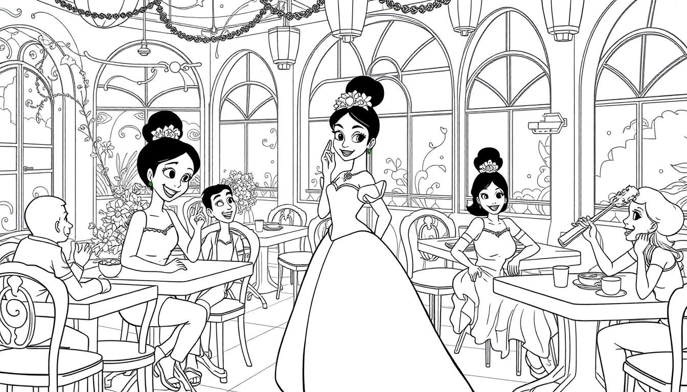 Um desenho a preto e branco de um café luxuoso com pessoas sentadas a mesas, incluindo uma mulher num vestido de baile no primeiro plano. color panel