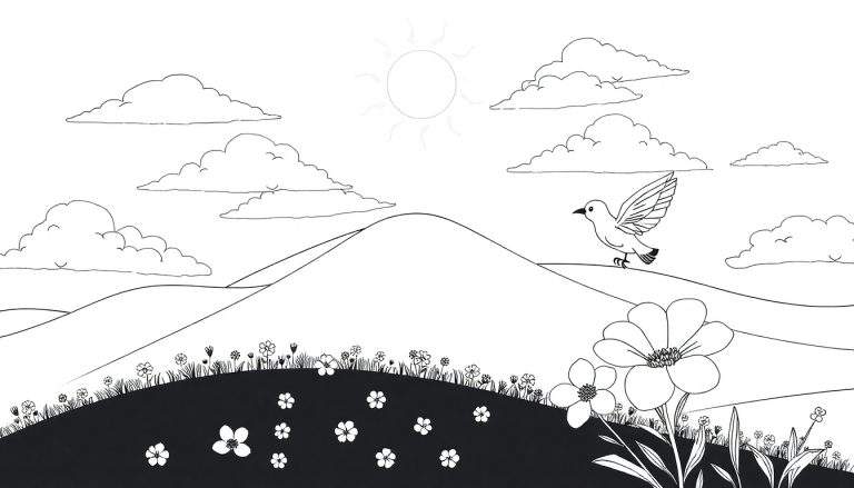Um desenho em preto e branco de um dia ensolarado com sol sorrindo, nuvens fofas, colinas verdes e flores coloridas.