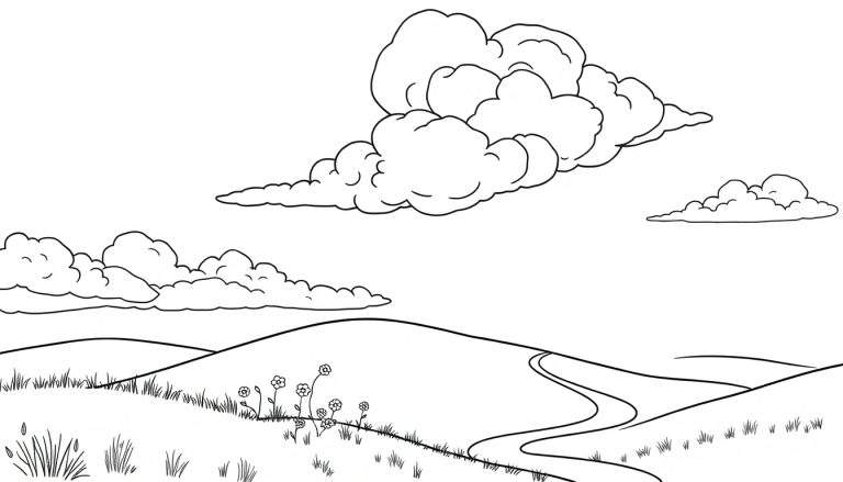 Um campo verdejante com um caminho sinuoso que atravessa colinas ondulantes sob um céu nublado, com nuvens fofinhas e alongadas. Este color panel natural parece retirado de um livro de histórias.