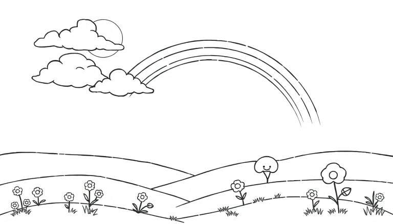 Desenho em preto e branco de uma paisagem infantil com nuvens fofas, sol, arco-íris, colinas floridas e uma árvore sorridente. Ideal para colorir.