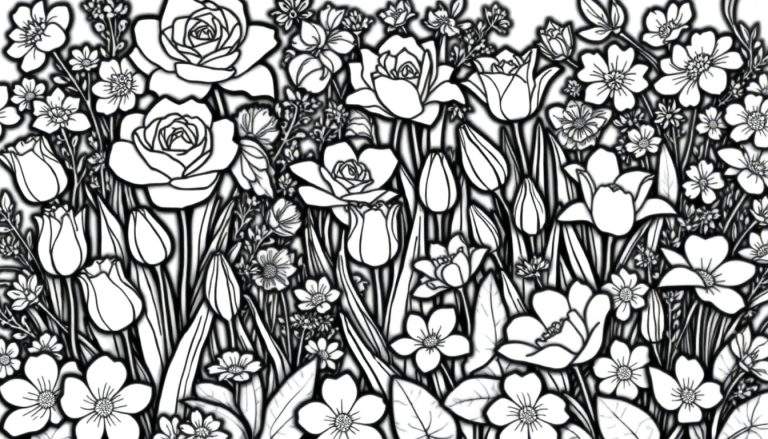 Um desenho em preto e branco de muitas flores, incluindo rosas e tulipas, com borboletas voando ao redor. O color panel está pronto para ser pintado.