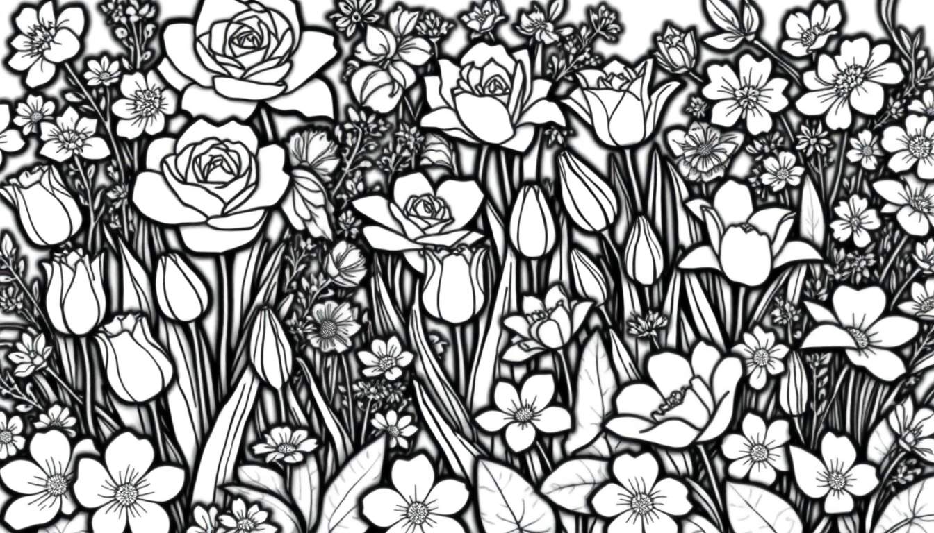 Um desenho em preto e branco de muitas flores, incluindo rosas e tulipas, com borboletas voando ao redor. O color panel está pronto para ser pintado.