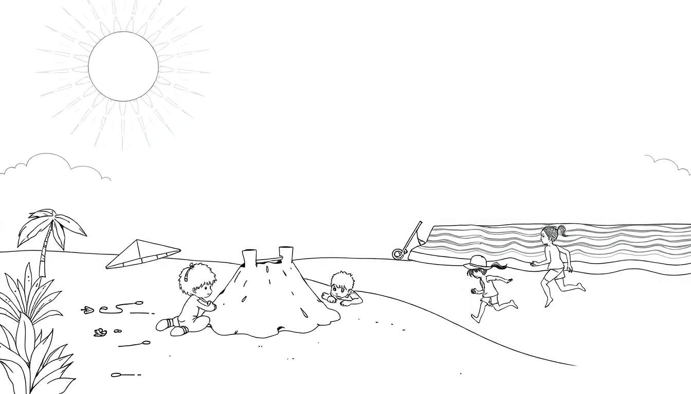 Uma cena de praia em preto e branco com palmeiras, uma tenda, crianças a brincar com um castelo de areia e outras a correr. O sol está no céu com nuvens. Um color panel de verão despreocupado.