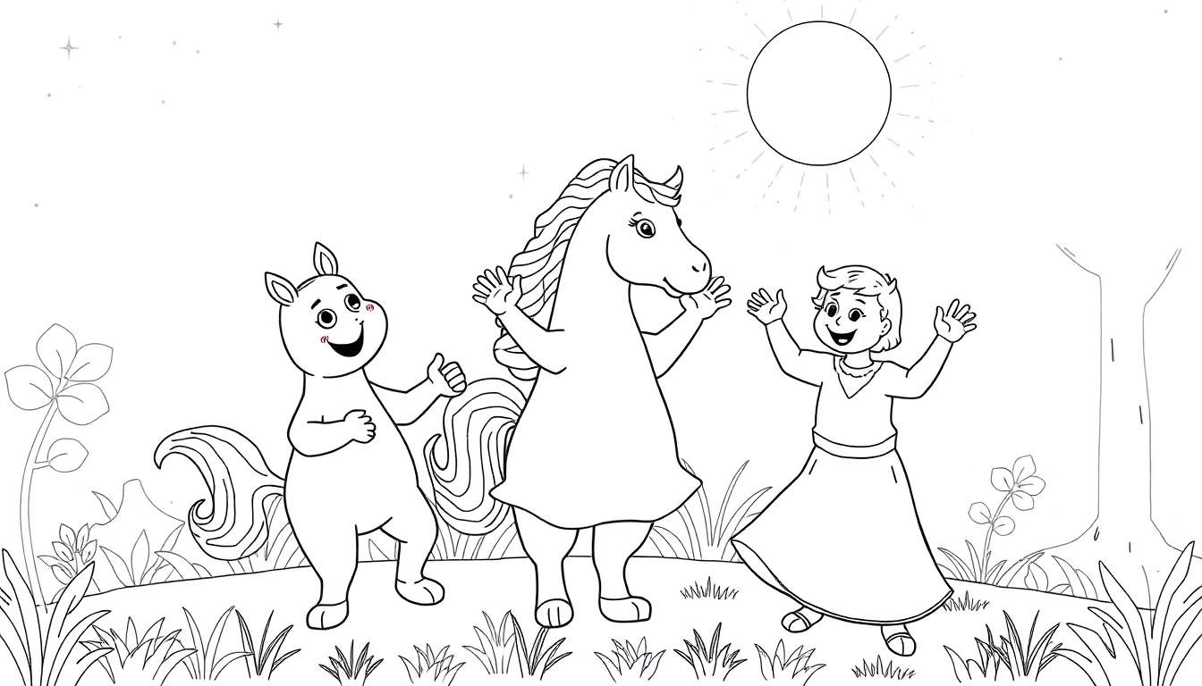 Um painel de colorir em preto e branco com um personagem híbrido de cavalo e urso, um cavalo e uma criança, todos animados e saudando sob um sol radiante.