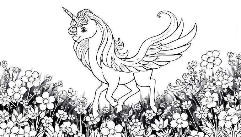 Um desenho em preto e branco de um unicórnio alado em um campo de flores, pronto para colorir.