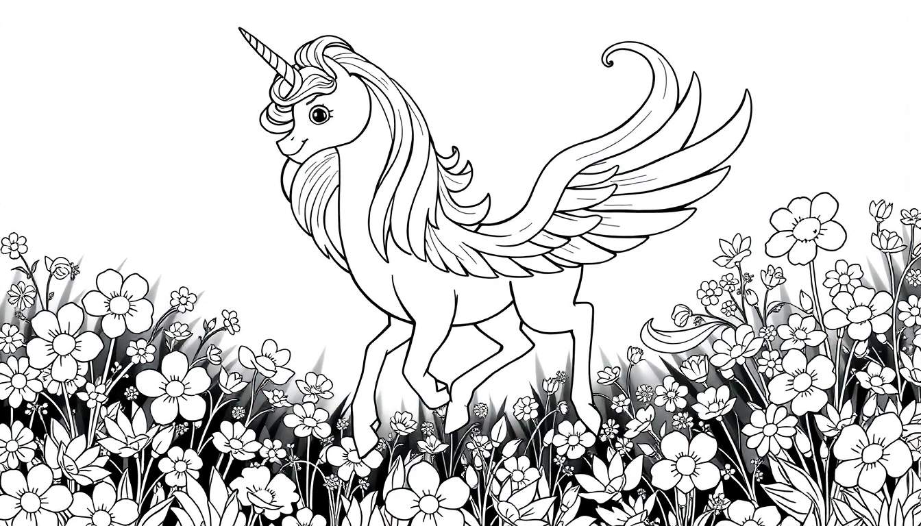 Um desenho em preto e branco de um unicórnio alado em um campo de flores, pronto para colorir.