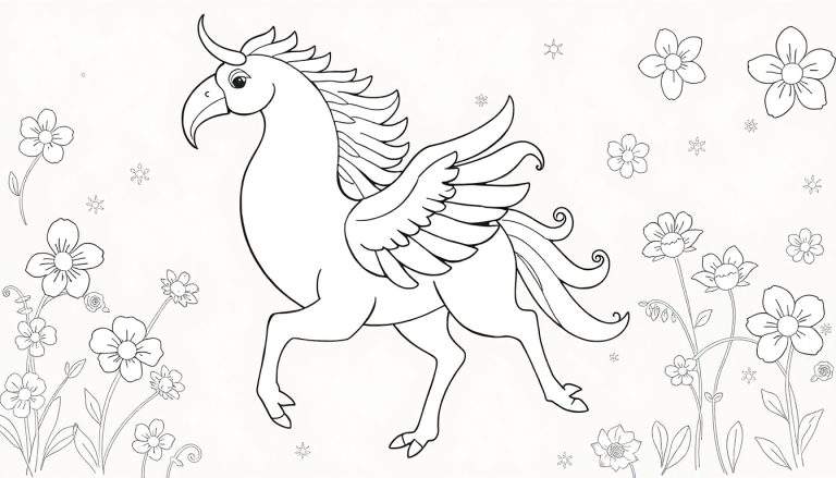 Desenho de contorno de uma criatura mítica com asas e chifre, lembrando um unicórnio pégaso, cercada por flores e estrelas, para colorir.