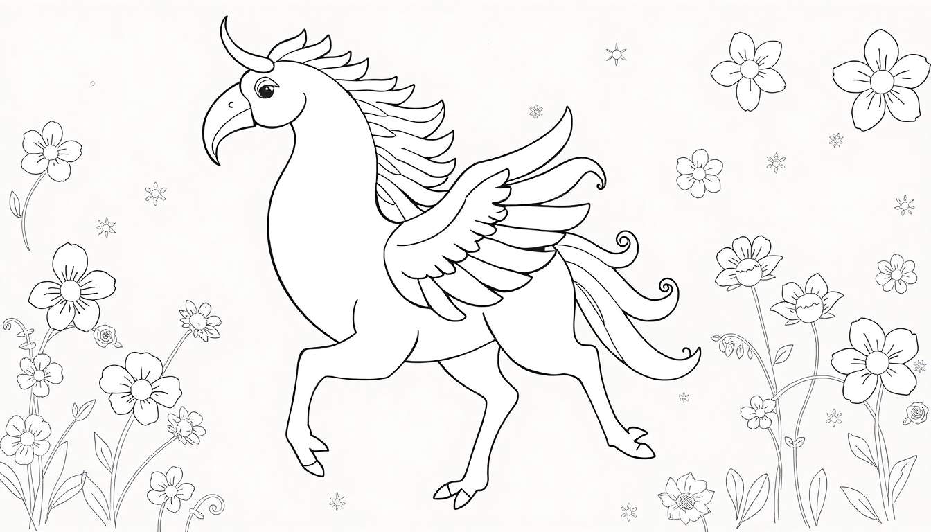Desenho de contorno de uma criatura mítica com asas e chifre, lembrando um unicórnio pégaso, cercada por flores e estrelas, para colorir.