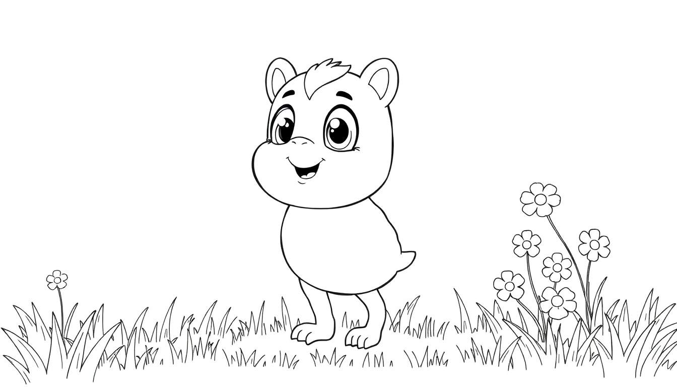 Ursinho fofo em um campo com flores, pronto para colorir no color panel.