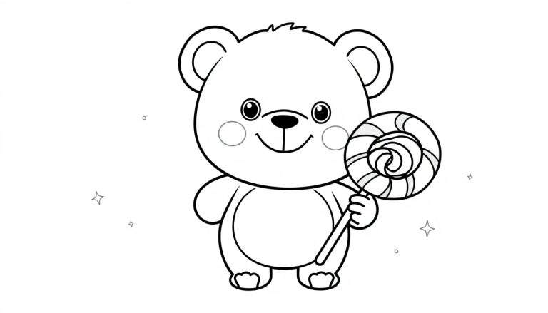 Um ursinho de pelúcia kawaii em preto e branco segurando um pirulito em espiral gigante. Ele tem olhos grandes e um sorriso doce, com pequenas estrelas e círculos ao redor. color panel.