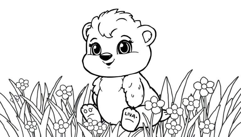 Um ursinho fofinho sentado na grama rodeado de flores, pronto para ser colorido.