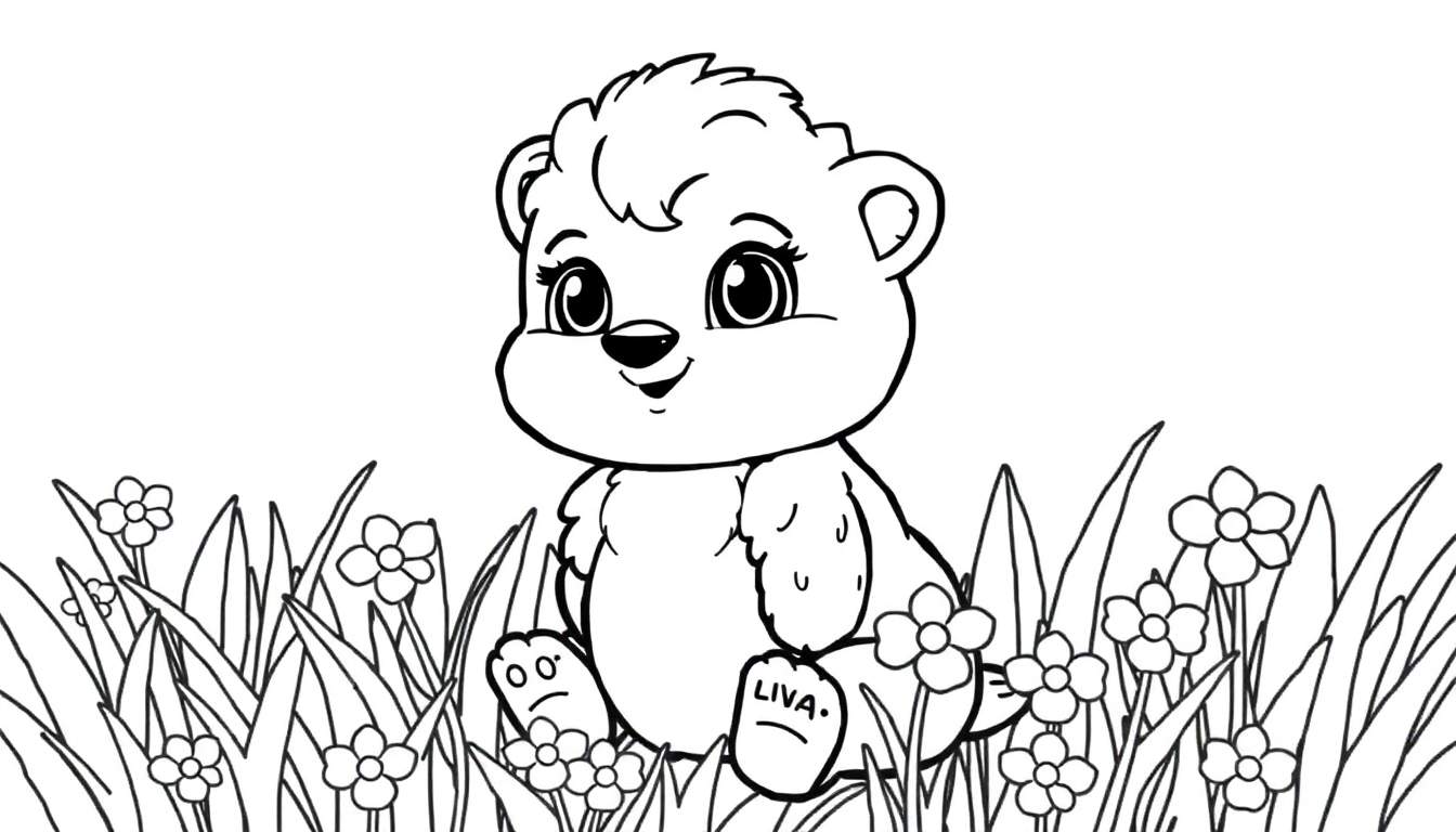 Um ursinho fofinho sentado na grama rodeado de flores, pronto para ser colorido.