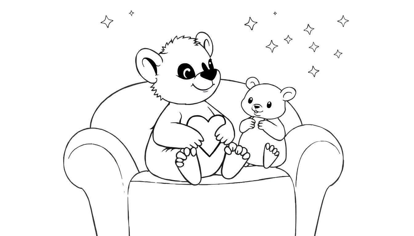 Dois ursos fofos, um grande e um pequeno, sentados juntos em uma poltrona com estrelas ao redor. O urso maior segura um coração.