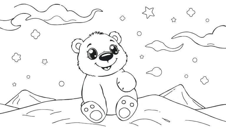 Um desenho para colorir de um ursinho polar sentado em uma colina nevada, com estrelas e nuvens no céu. O color panel está pronto para ser pintado.