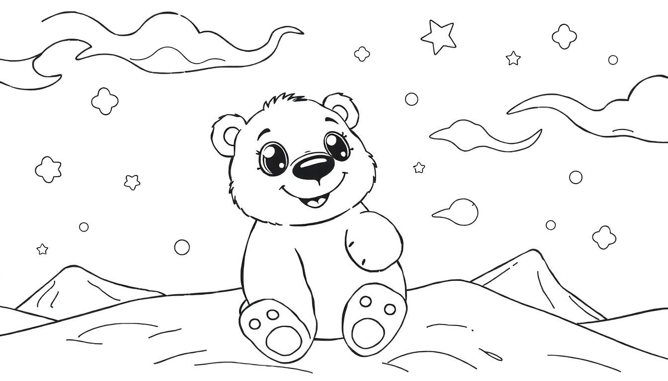 Um desenho para colorir de um ursinho polar sentado em uma colina nevada, com estrelas e nuvens no céu. O color panel está pronto para ser pintado.