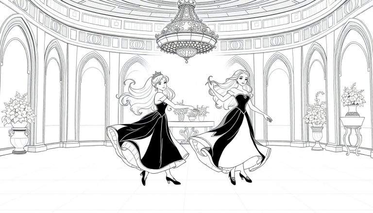 Duas princesas a dançar num salão de baile de castelo em preto e branco, com uma cúpula e candelabro.