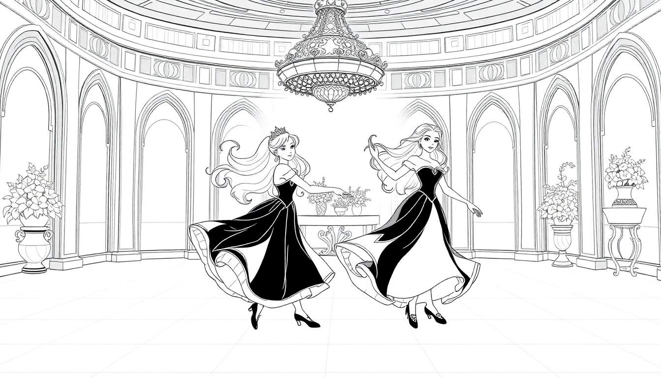 Duas princesas a dançar num salão de baile de castelo em preto e branco, com uma cúpula e candelabro.