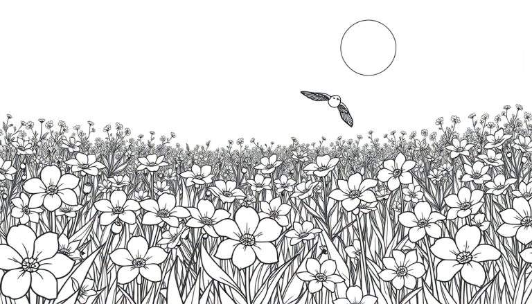 Um desenho a preto e branco de um campo de flores, um pássaro e uma lua. O color panel mostra um céu noturno com uma lua cheia e um pássaro a voar em direção a ela sobre um campo de flores altas e densas.