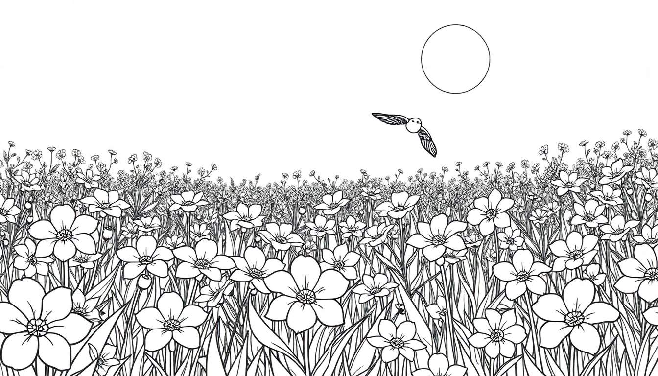 Um desenho a preto e branco de um campo de flores, um pássaro e uma lua. O color panel mostra um céu noturno com uma lua cheia e um pássaro a voar em direção a ela sobre um campo de flores altas e densas.