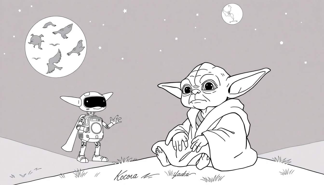 Um robô amigável com orelhas pontudas acena para Yoda sentado sob um céu estrelado com luas e criaturas voadoras. A assinatura 'Kocora e Yadia' está na grama.