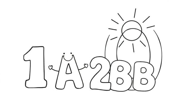 Desenho simples em preto e branco para colorir: número 1, letra A com rosto sorridente e corações nos braços, número 2 e duas letras B, com um sol estilizado acima.