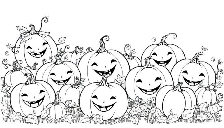 Desenho em preto e branco de um grupo de abóboras de Halloween sorridentes com diferentes expressões, decoradas com folhas e videiras, sobre um fundo com relva e flores.