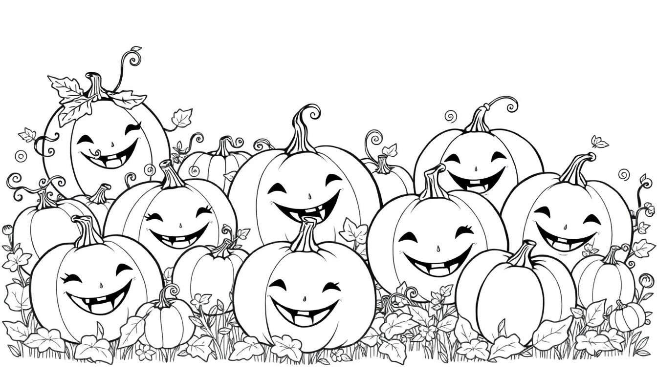 Desenho em preto e branco de um grupo de abóboras de Halloween sorridentes com diferentes expressões, decoradas com folhas e videiras, sobre um fundo com relva e flores.