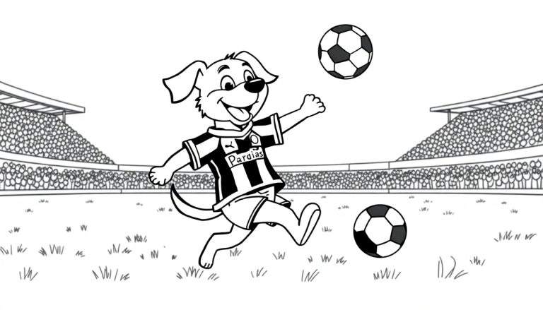 Página para colorir de um cachorro de desenho animado feliz, vestindo uma camisa de futebol listrada e calções brancos, pronto para chutar uma bola de futebol em um campo com arquibancadas cheias de torcedores ao fundo.