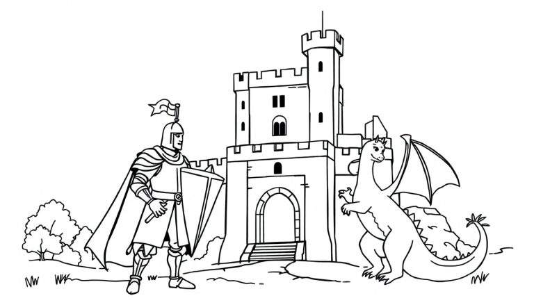 Página para colorir com um cavaleiro de armadura completa à esquerda, um castelo medieval no centro e um dragão com asas grandes à direita.