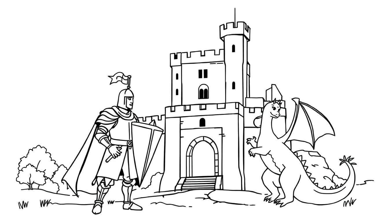 Página para colorir com um cavaleiro de armadura completa à esquerda, um castelo medieval no centro e um dragão com asas grandes à direita.