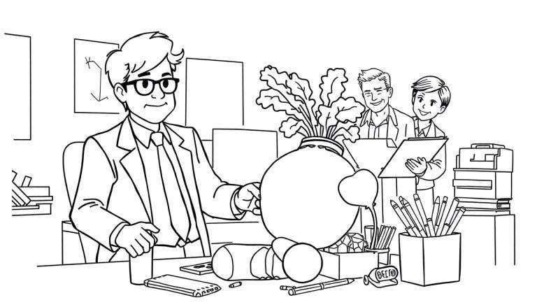 Desenho em preto e branco para colorir de uma cena de escritório com um homem sentado à mesa com uma planta em forma de bomba, colegas sorrindo ao fundo e diversos objetos de escritório.