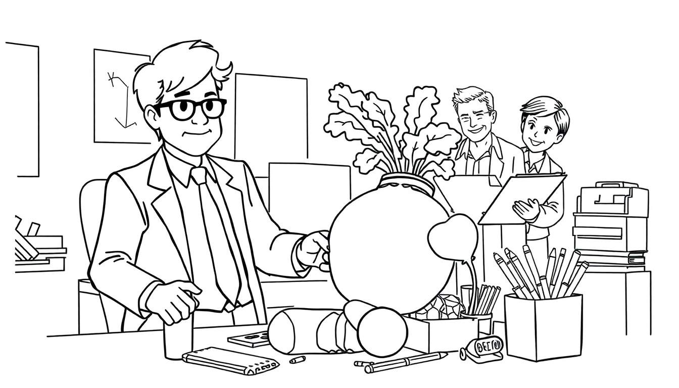 Desenho em preto e branco para colorir de uma cena de escritório com um homem sentado à mesa com uma planta em forma de bomba, colegas sorrindo ao fundo e diversos objetos de escritório.