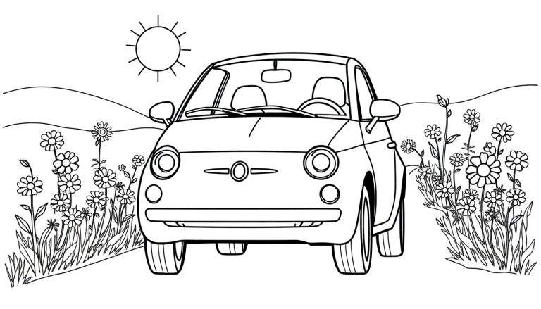 Desenho para colorir de um carro estilo Fiat 500 clássico num campo cheio de flores e com um sol simples ao fundo.