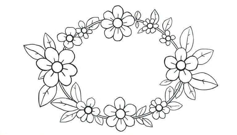 Desenho em preto e branco de uma guirlanda oval de flores e folhas para colorir.