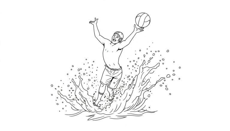 Desenho para colorir de um rapaz a saltar da água com uma bola de polo aquático, celebrando.