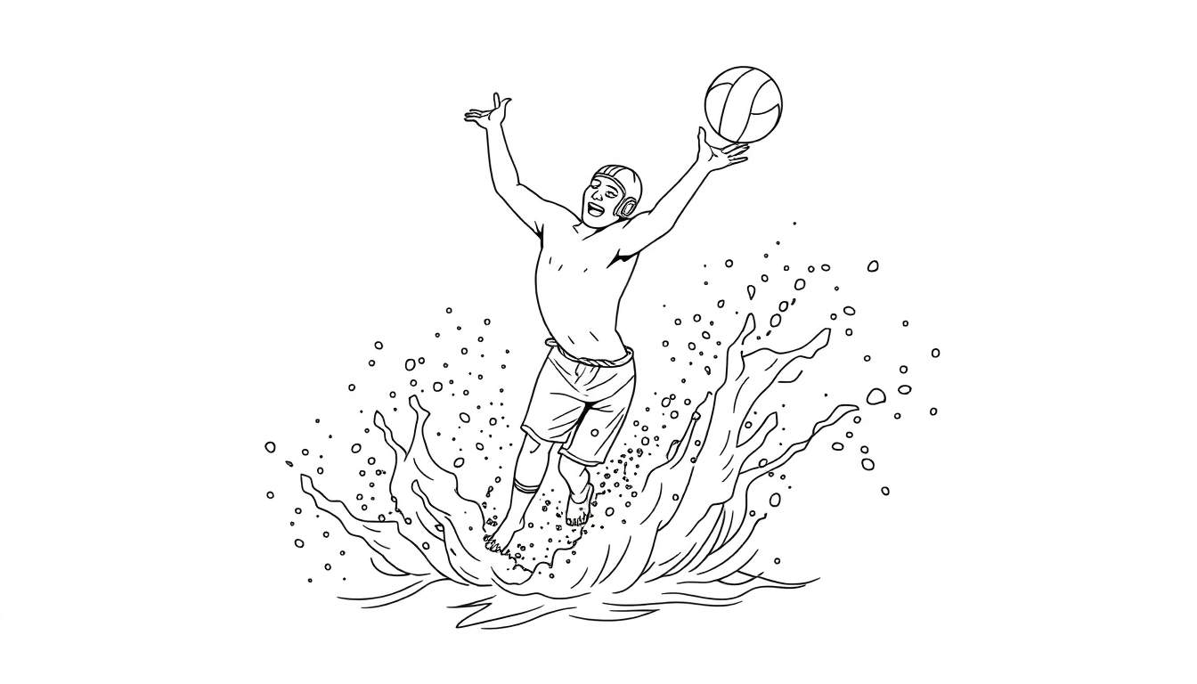 Desenho para colorir de um rapaz a saltar da água com uma bola de polo aquático, celebrando.
