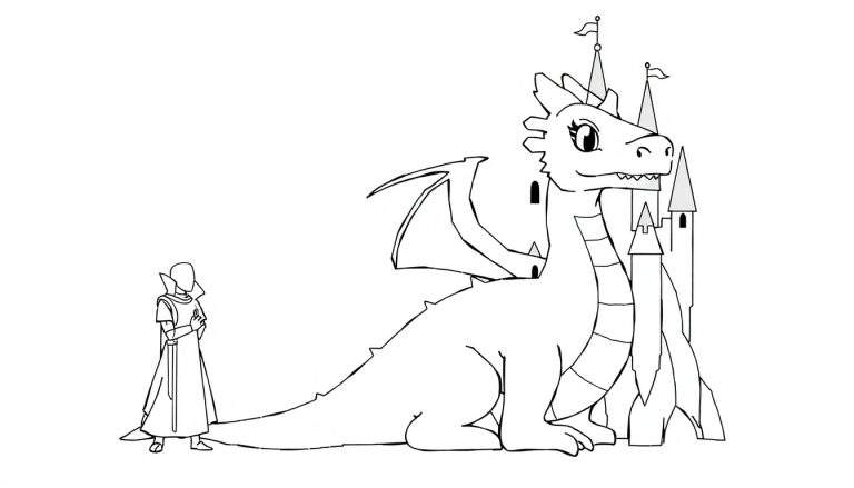 Desenho em linha de uma página para colorir com um humano, um dragão amigável e um castelo. O humano está à esquerda com os braços cruzados, o dragão está sentado no centro com a boca ligeiramente aberta, e um castelo com bandeiras está à direita.