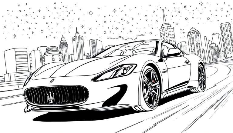 Desenho para colorir de um carro esportivo Maserati com emblema do tridente, em uma estrada sinuosa, com arranha-céus ao fundo e estrelas estilizadas no céu.