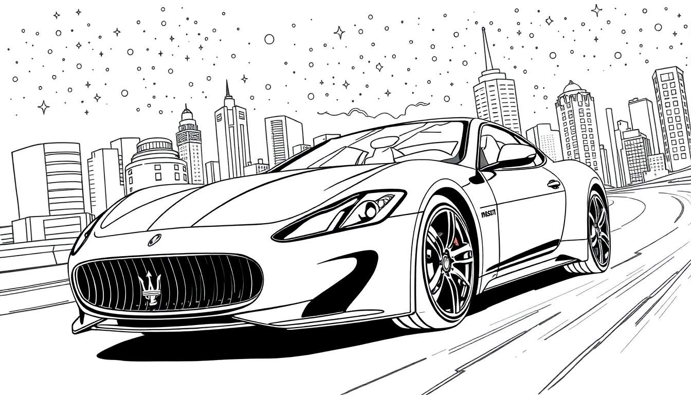 Desenho para colorir de um carro esportivo Maserati com emblema do tridente, em uma estrada sinuosa, com arranha-céus ao fundo e estrelas estilizadas no céu.
