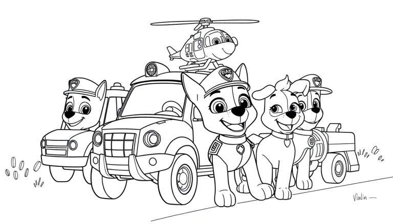 Desenho em preto e branco de vários cachorrinhos da Patrulha Canina e seus veículos, pronto para ser colorido. Inclui Chase dirigindo seu carro de polícia, Skye com seu helicóptero, e Marshall com seu reboque de bombeiro.