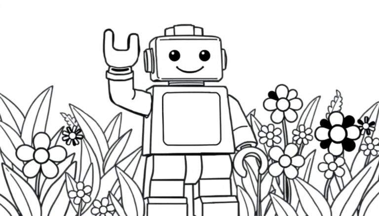 Página para colorir de um robô estilo Lego acenando em um jardim com flores e folhas.