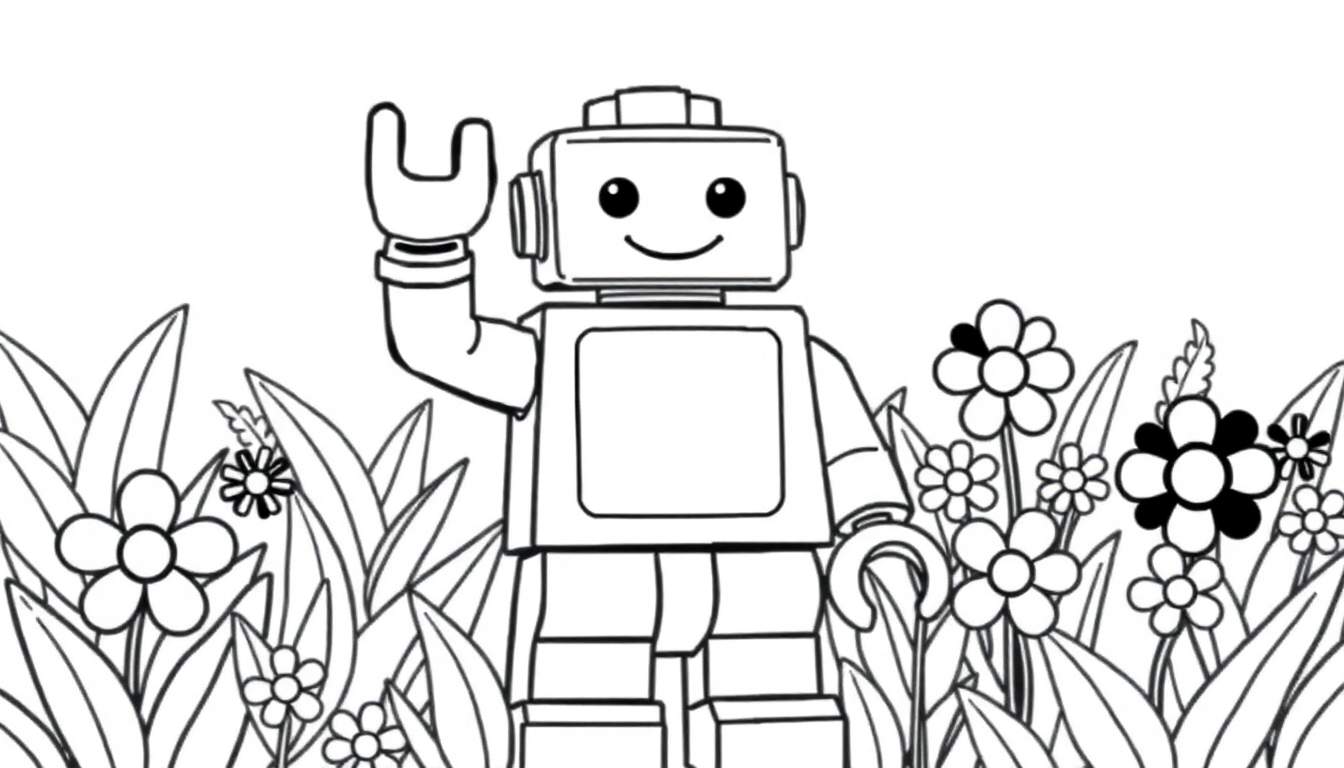 Página para colorir de um robô estilo Lego acenando em um jardim com flores e folhas.