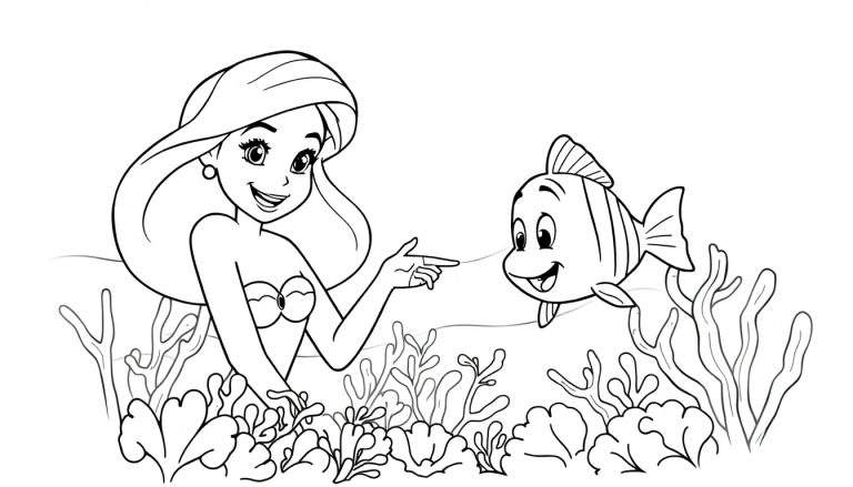 Desenho estilo livro de colorir de uma sereia e um peixe sorrindo juntos num ambiente subaquático com plantas e corais.
