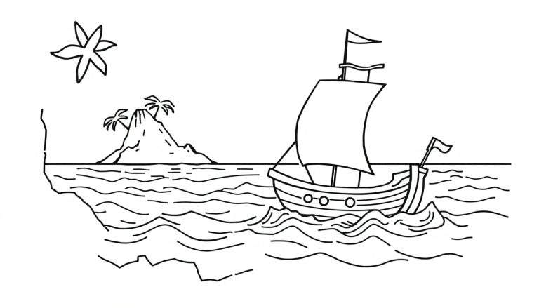 Desenho para colorir de um barco à vela a navegar no mar com uma ilha vulcânica com palmeiras e um sol estilizado ao fundo.