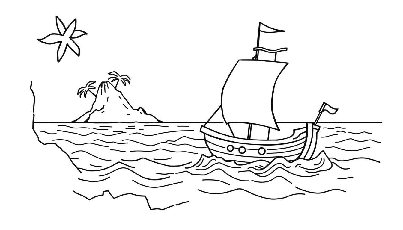 Desenho para colorir de um barco à vela a navegar no mar com uma ilha vulcânica com palmeiras e um sol estilizado ao fundo.