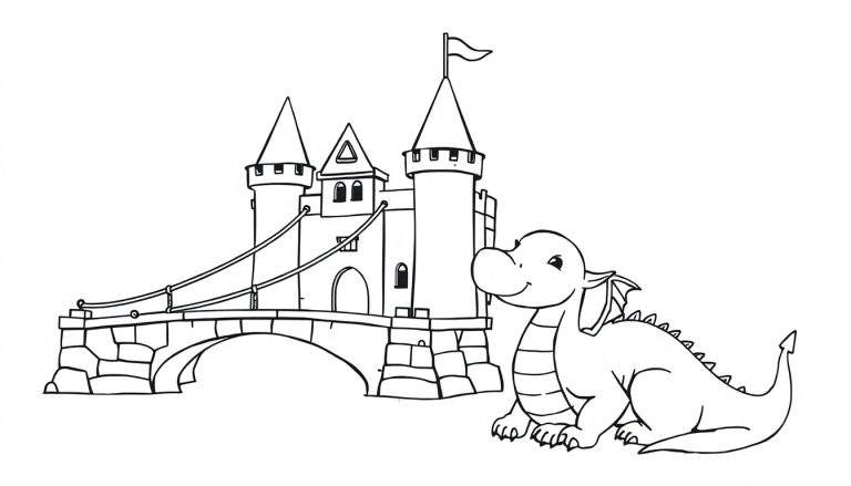 Desenho a preto e branco para colorir de um castelo de conto de fadas com uma ponte e um dragão fofo sentado.